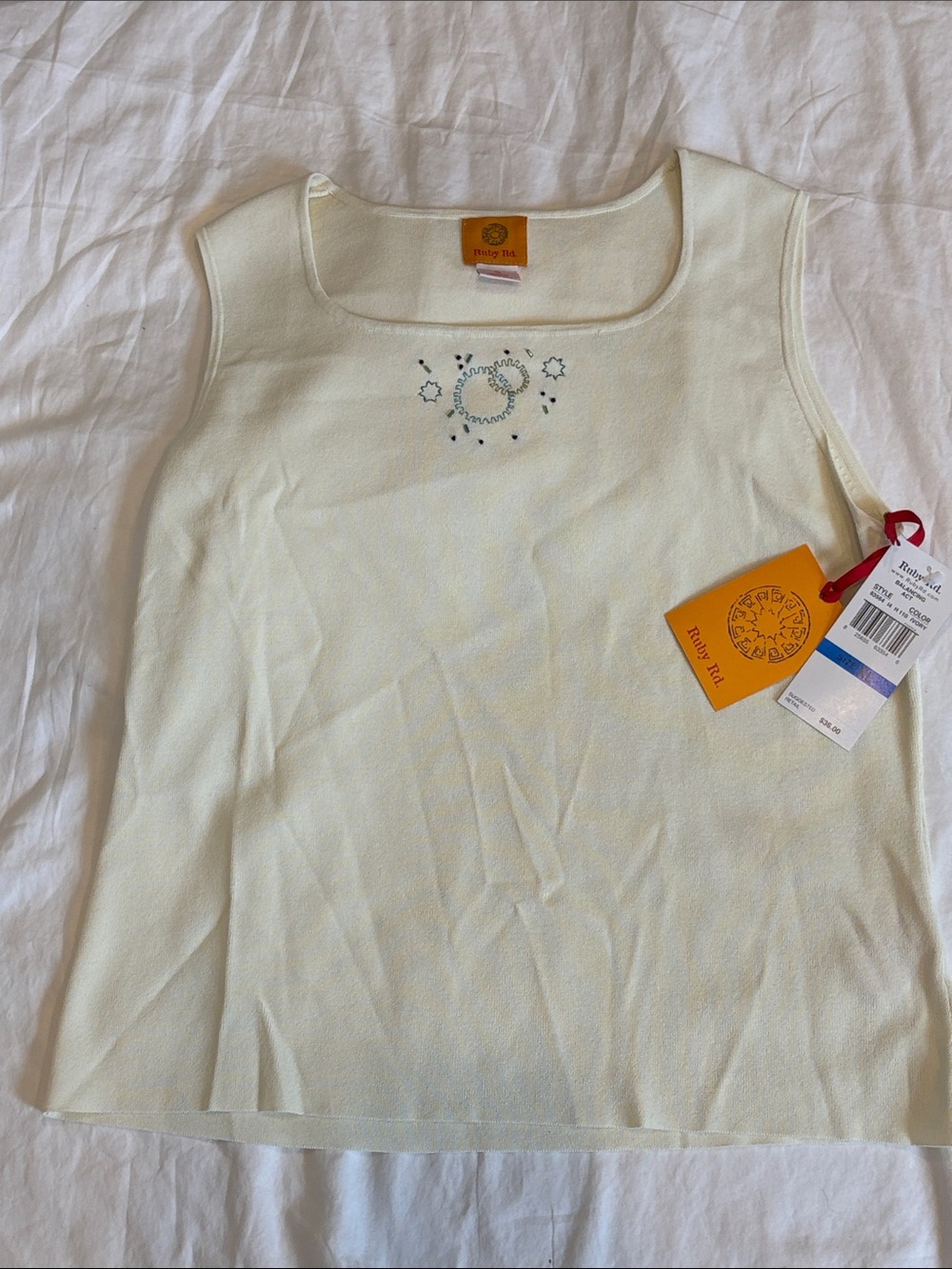 Ruby Rd. Cream Tank with Centerfront Rhinestone Motif - Picture 2 of 6